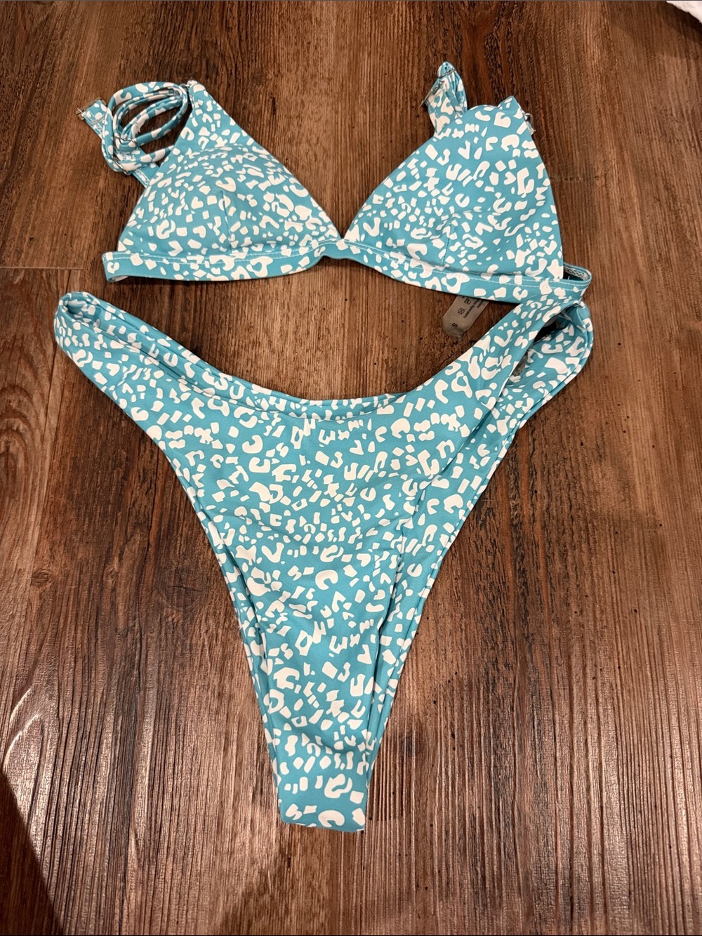 Turquoise White Print Triangle Bikini Set - Women Swim